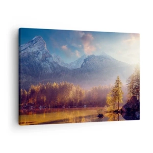 Bild auf Leinwand - Leinwandbild - Malerischer Blick auf den Bergwald und den See im Morgengrauen - 70x50cm - In den Bergen und Tälern - Moderne Wanddekoration für Wohnzimmer und Schlafzimmer ARTTOR