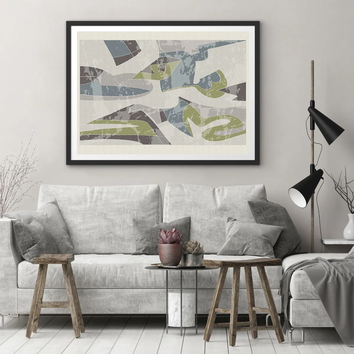 Poster in einem schwarzem Rahmen - Abstrakte Formen in Grün und Blau auf hellem Hintergrund - 100x70cm - Komposition hinter dem Glas - Moderne Wanddekoration für Wohnzimmer und Schlafzimmer ARTTOR