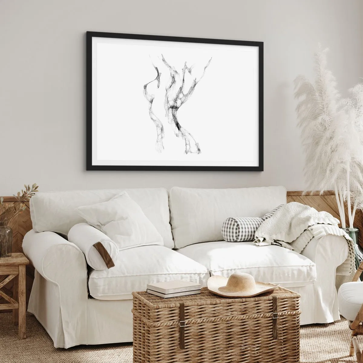 Poster in einem schwarzem Rahmen - Zarte, abstrakte Linien, die Rauchfahnen ähneln, auf hellem Hintergrund - 70x50cm - Schön und stark - Moderne Wanddekoration für Wohnzimmer und Schlafzimmer ARTTOR