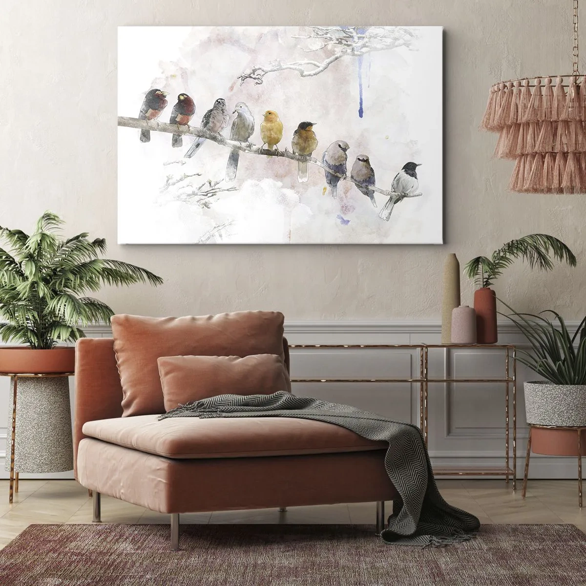 Bild auf Leinwand - Leinwandbild - Bunte Vögel auf einem Ast im Aquarellstil - 120x80cm - Geflügeltes Treffen - Moderne Wanddekoration für Wohnzimmer und Schlafzimmer ARTTOR