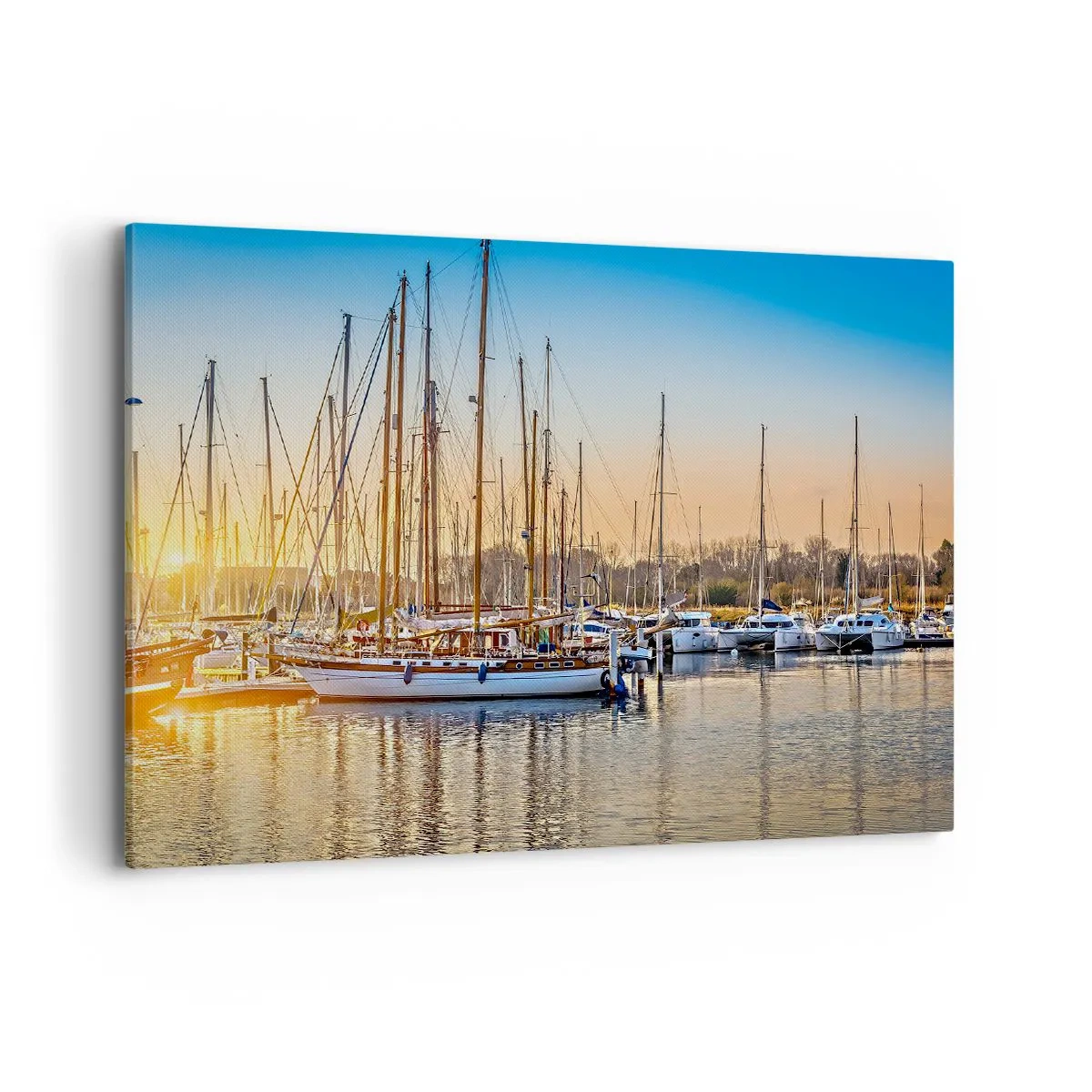 Bild auf Leinwand - Leinwandbild - Sonnenuntergang über einem Yachthafen voller Segelboote - 100x70cm - Der Wind muss auch schlafen - Moderne Wanddekoration für Wohnzimmer und Schlafzimmer ARTTOR