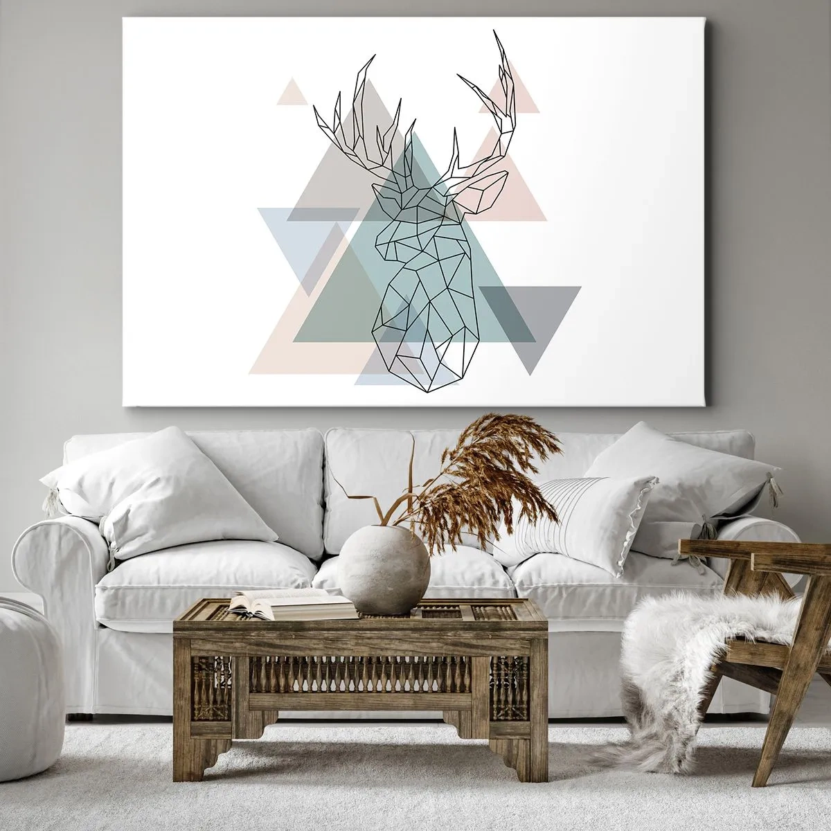 Bild auf Leinwand - Leinwandbild - Geometrischer Hirsch auf einem Hintergrund aus pastellfarbenen Dreiecken - 100x70cm - In einem geometrischen Wald - Moderne Wanddekoration für Wohnzimmer und Schlafzimmer ARTTOR