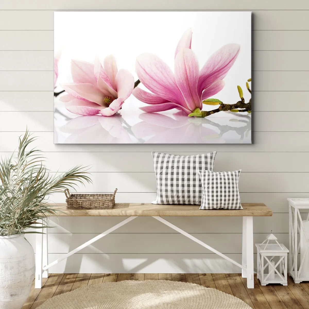 Bild auf Leinwand - Leinwandbild - Zarte rosa Magnolien auf weißem Hintergrund - 120x80cm - Zart wie ein Frühlingswind - Moderne Wanddekoration für Wohnzimmer und Schlafzimmer ARTTOR