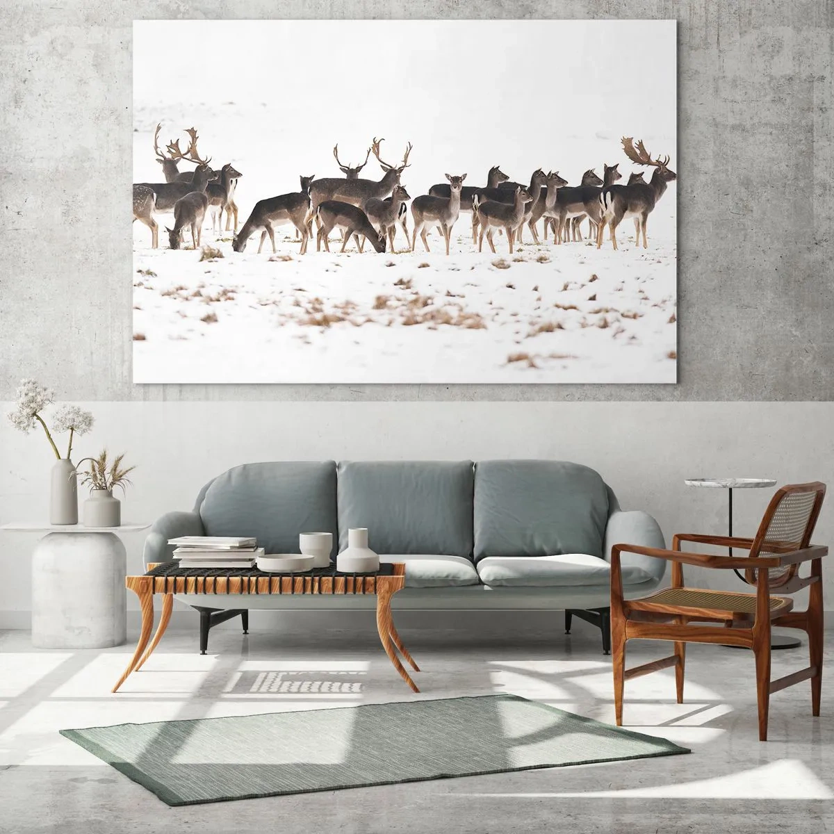 Glasbild - Bild auf glas - Ein Foto einer Hirschherde in einer verschneiten Landschaft - 70x50cm - Kommen die Weihnachten? - Moderne Wanddekoration für Wohnzimmer und Schlafzimmer ARTTOR
