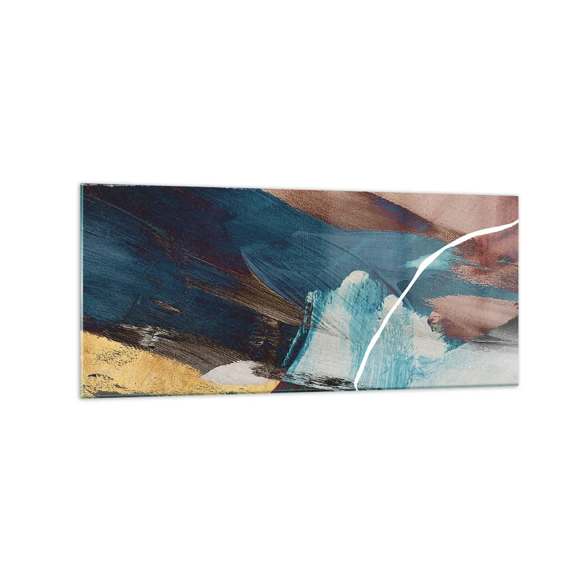 Glasbild - Bild auf glas - Abstrakte Pinselstriche in Blau- und Goldtönen - 120x50cm - Großzügig und mit Energie - Moderne Wanddekoration für Wohnzimmer und Schlafzimmer ARTTOR