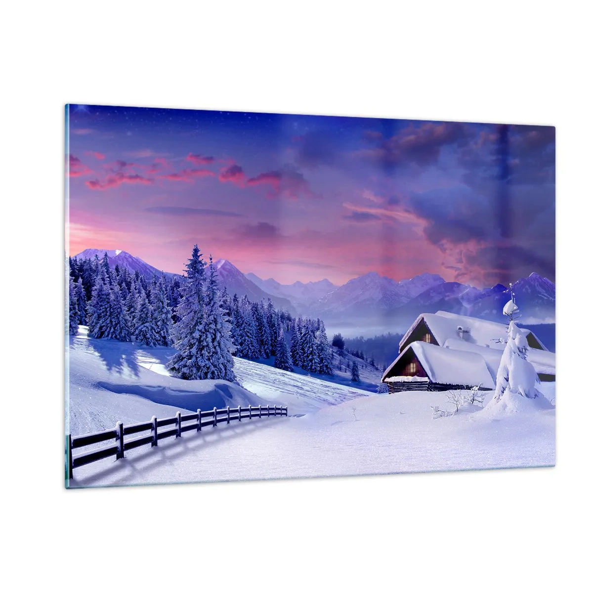 Glasbild - Bild auf glas - Winterlandschaft mit Hütte und schneebedeckten Bergen - 120x80cm - Stille Nacht - Moderne Wanddekoration für Wohnzimmer und Schlafzimmer ARTTOR
