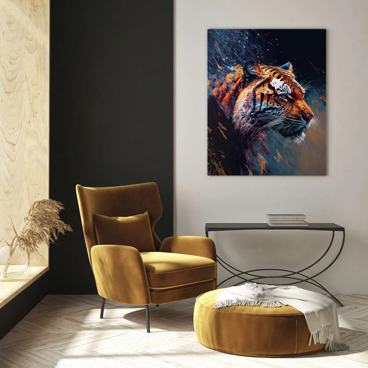 Glasbild - Bild auf glas - Portrait eines Tigers in dynamischen, abstrakten Farben - 70x100cm - Wilde Schönheit - Moderne Wanddekoration für Wohnzimmer und Schlafzimmer ARTTOR