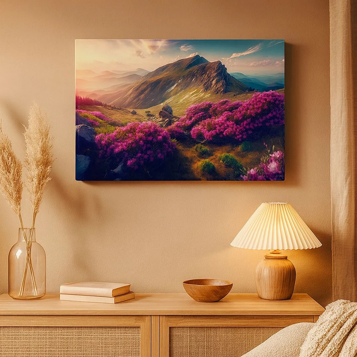 Bild auf Leinwand - Leinwandbild - Berglandschaft mit blühenden Rhododendren - 70x50cm - Sommer in den Bergen - Moderne Wanddekoration für Wohnzimmer und Schlafzimmer ARTTOR
