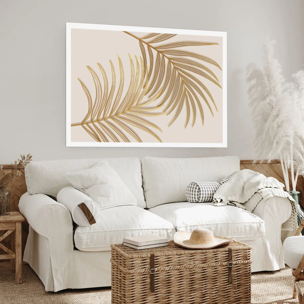 Poster - Goldene Palmblätter auf hellem Hintergrund im minimalistischen Stil - 100x70cm - Goldene Palme! - Moderne Wanddekoration für Wohnzimmer und Schlafzimmer ARTTOR