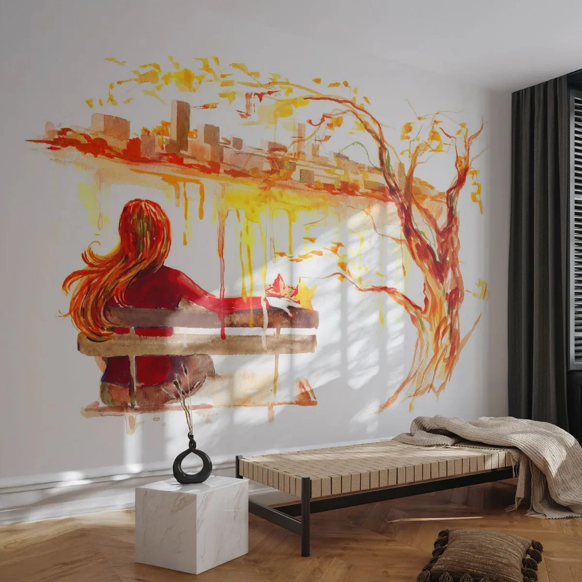 Fototapete Premium Sand - Eine Frau auf einer Bank, die im Aquarellstil auf die Stadt blickt. - 100x70cm - Ein Moment der Besinnung - Moderne Wanddekoration für Wohnzimmer und Schlafzimmer ARTTOR