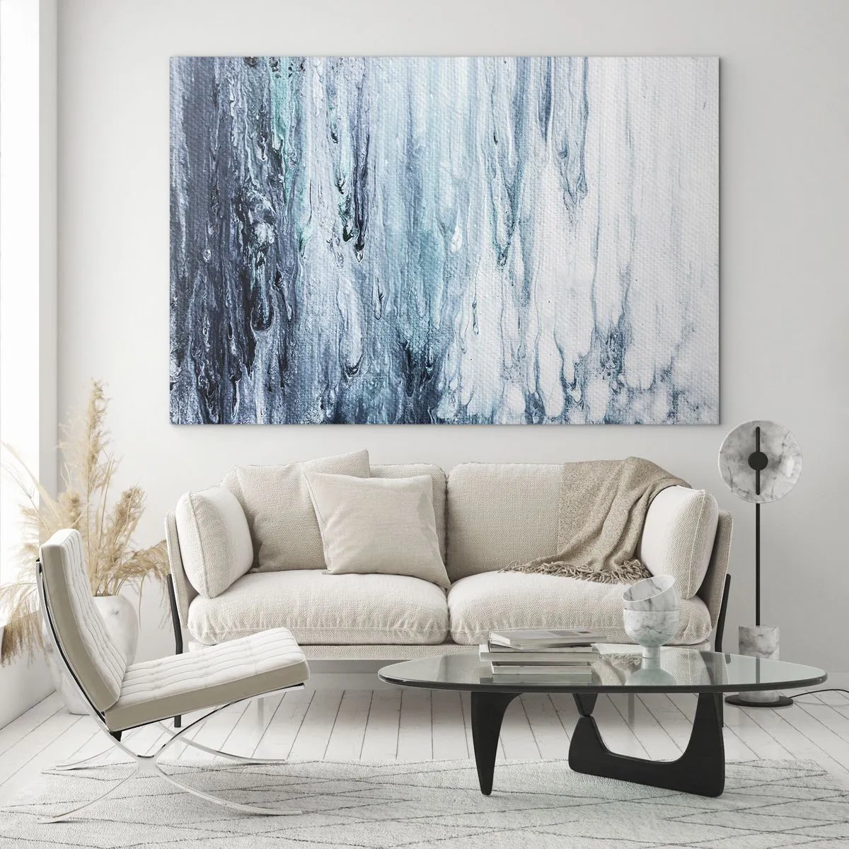 Glasbild - Bild auf glas - Ein abstraktes Muster, das Wasserströmen in Blautönen ähnelt. - 70x50cm - Blaue Eiszapfen - Moderne Wanddekoration für Wohnzimmer und Schlafzimmer ARTTOR