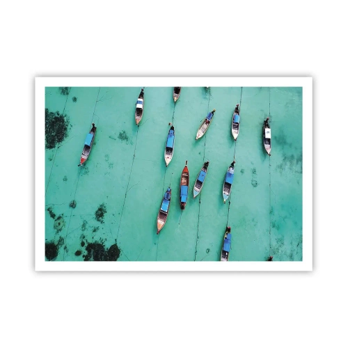 Poster - Boote auf türkisfarbenem Wasser aus der Vogelperspektive - 100x70cm - In freudiger Erwartung - Moderne Wanddekoration für Wohnzimmer und Schlafzimmer ARTTOR