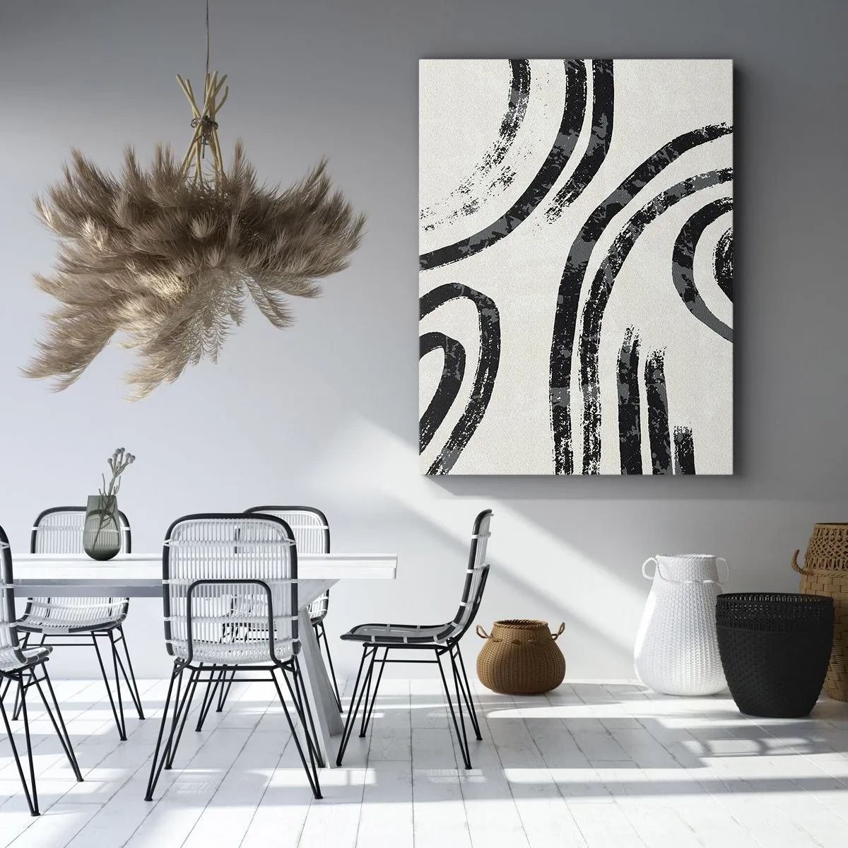 Bild auf Leinwand - Leinwandbild - Schwarz-weiße abstrakte Linien auf hellem Hintergrund - 50x70cm - Bei Hälfte angehalten - Moderne Wanddekoration für Wohnzimmer und Schlafzimmer ARTTOR