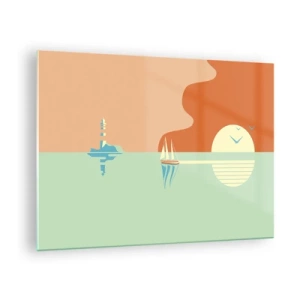 Glasbild - Bild auf glas - Ein minimalistischer Sonnenuntergang mit einem Segelboot und einem Leuchtturm - 70x50cm - Die perfekte Meereslandschaft - Moderne Wanddekoration für Wohnzimmer und Schlafzimmer ARTTOR