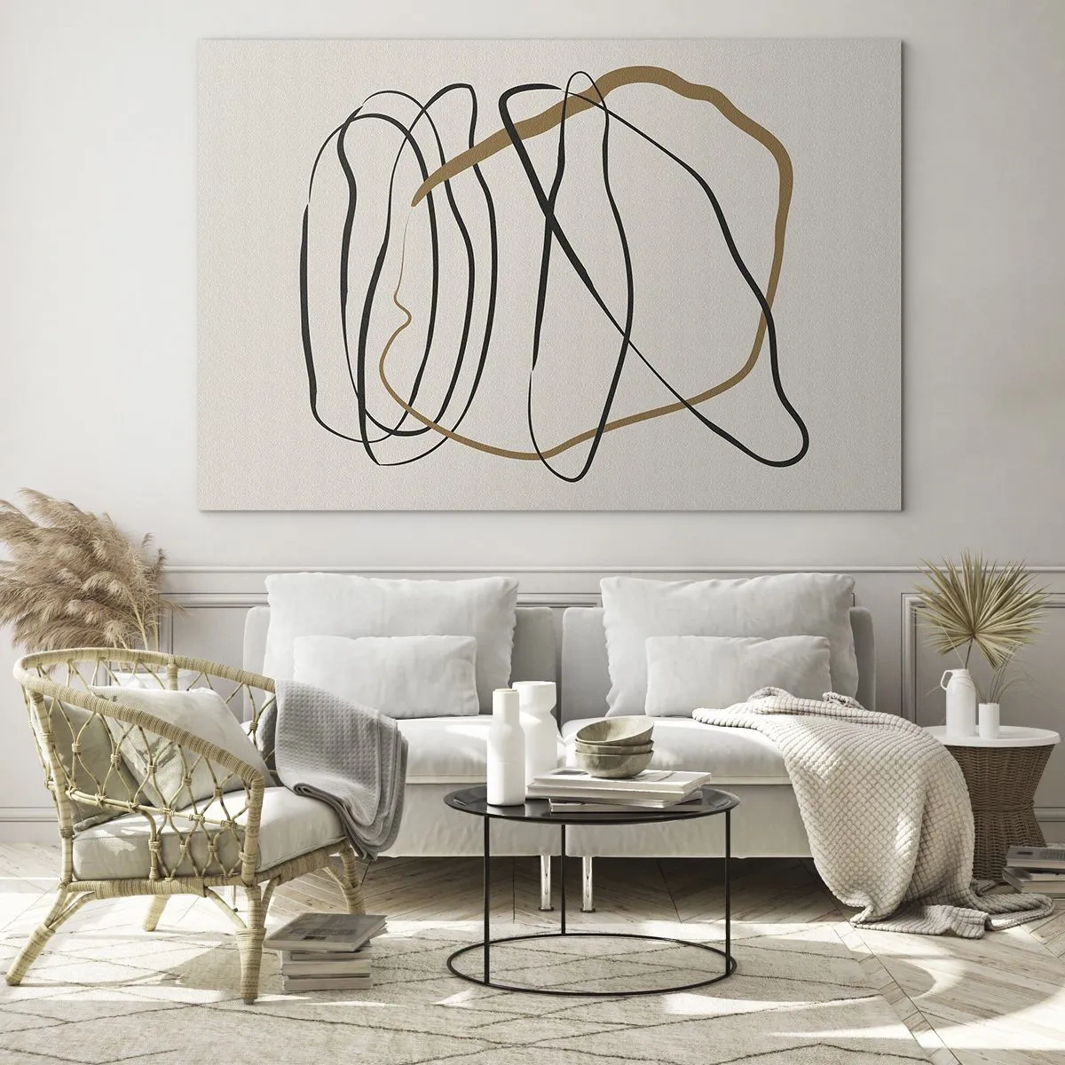 Glasbild - Bild auf glas - Eine ausdrucksstarke Linienkomposition in Schwarz und Braun auf hellem Hintergrund. - 70x50cm - Komposition – Looptanz - Moderne Wanddekoration für Wohnzimmer und Schlafzimmer ARTTOR