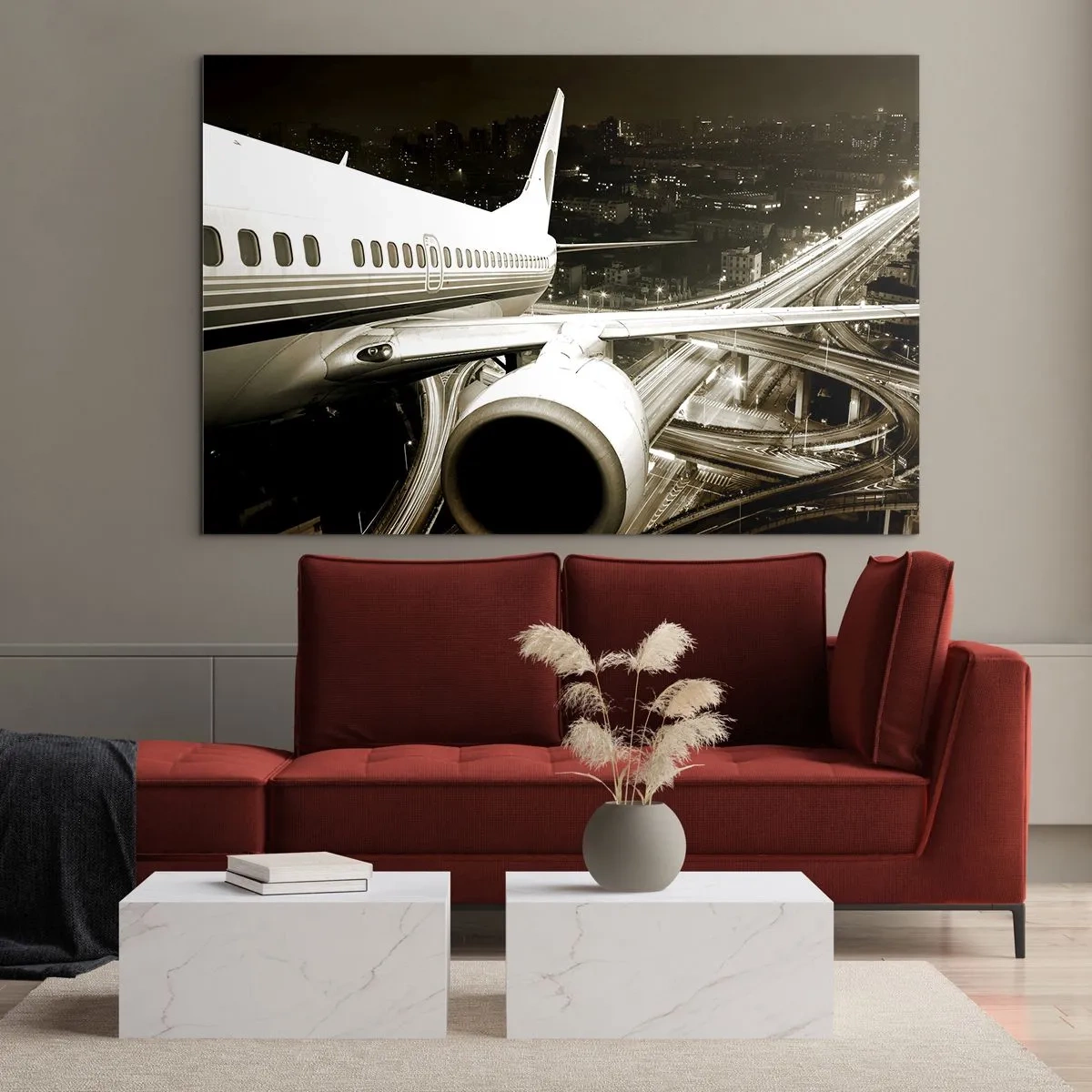 Glasbild - Bild auf glas - Ein Flugzeug über der Stadt bei Nacht mit Industrieatmosphäre - 120x80cm - In die Nacht fliegen - Moderne Wanddekoration für Wohnzimmer und Schlafzimmer ARTTOR