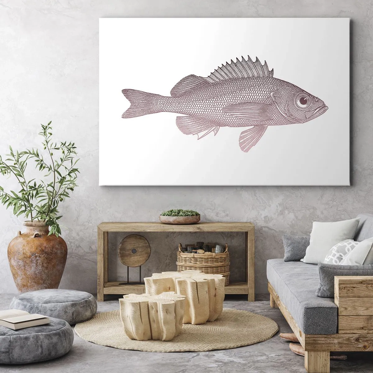 Bild auf Leinwand - Leinwandbild - Detaillierte Darstellung eines Fisches auf weißem Hintergrund - 70x50cm - Großäugiger Fisch - Moderne Wanddekoration für Wohnzimmer und Schlafzimmer ARTTOR
