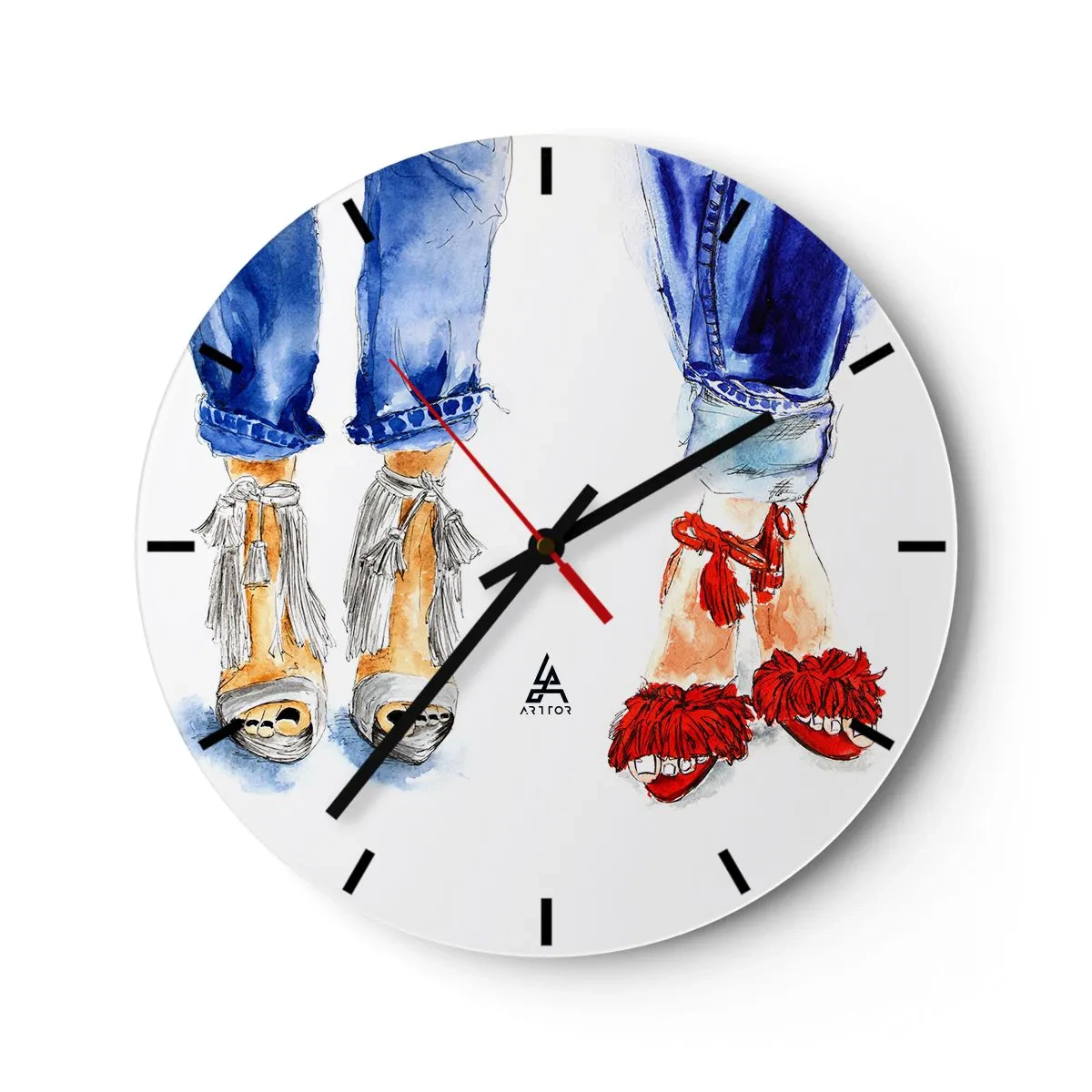 Wanduhr - Glasuhr - Stylische Sandalen und Jeans - 30x30cm - Vielleicht gehen wir spazieren? - Moderne Wanddekoration für Wohnzimmer, Küche und Schlafzimmer ARTTOR