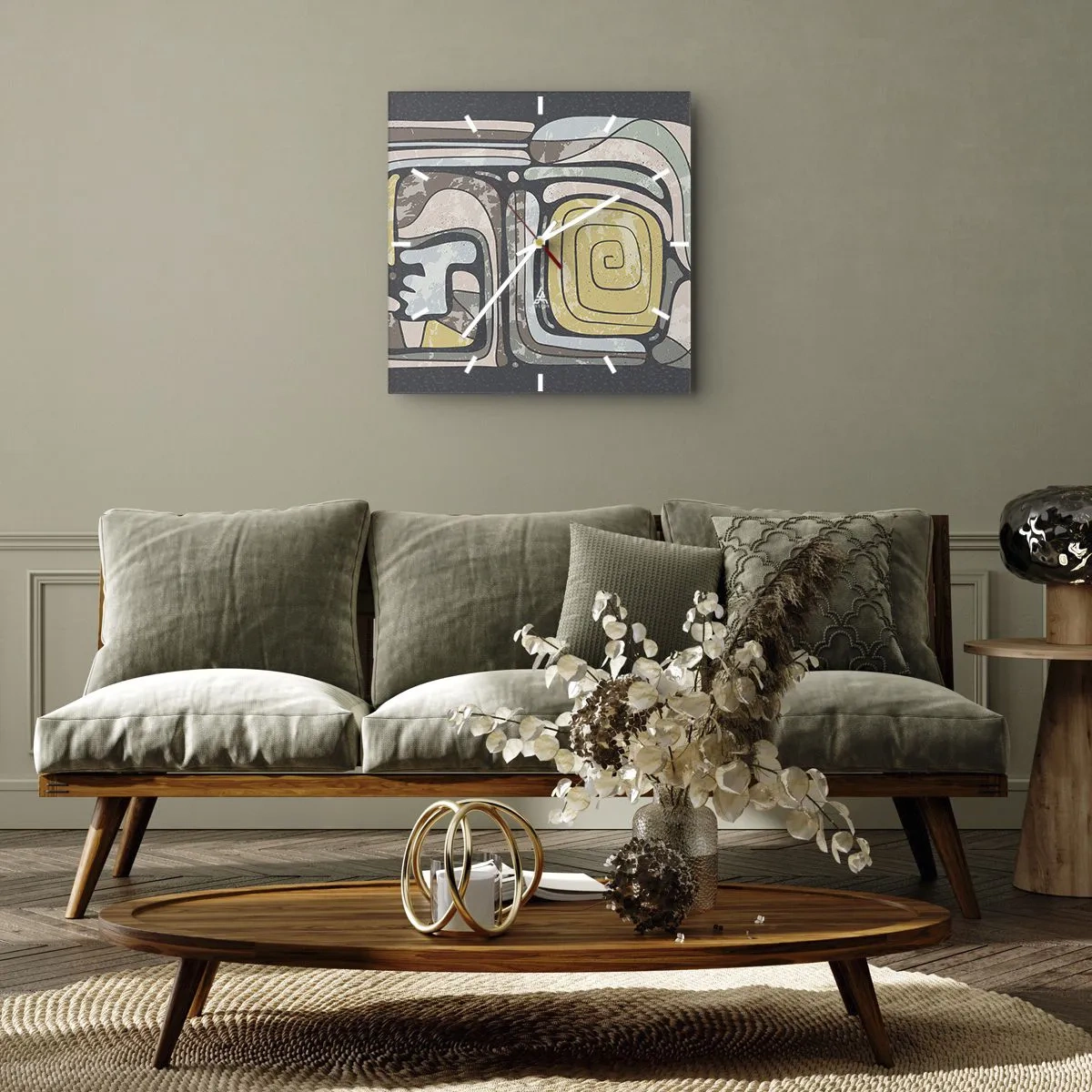 Wanduhr - Glasuhr - Präkolumbianische Muster in Pastellfarben auf dunklem Hintergrund - 30x30cm - Abstraktion im präkolumbianischen Geist - Moderne Wanddekoration für Wohnzimmer und Schlafzimmer ARTTOR