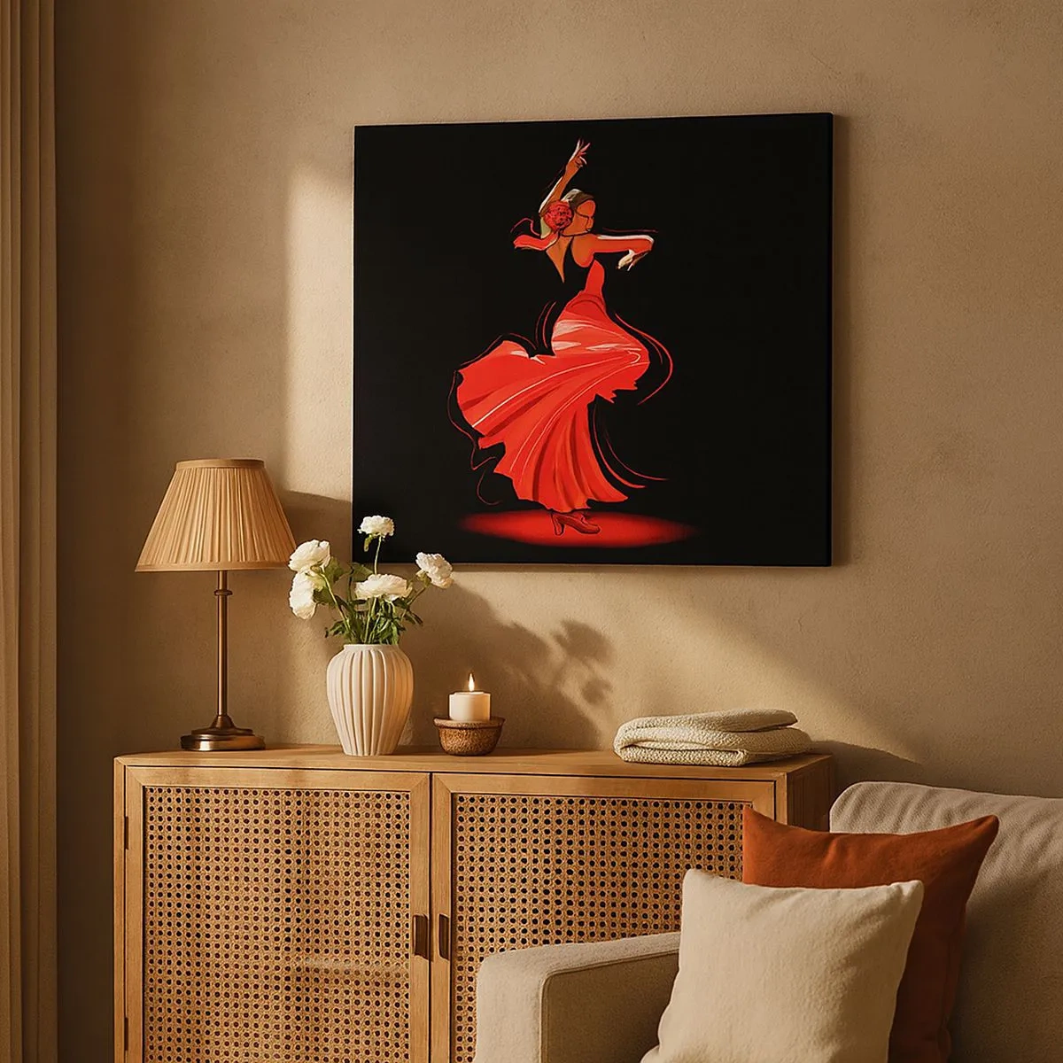Bild auf Leinwand - Leinwandbild - Flamenco-Tänzerin in einem roten Kleid vor schwarzem Hintergrund - 70x50cm - Der feurige Geist des Flamenco - Moderne Wanddekoration für Wohnzimmer und Schlafzimmer ARTTOR