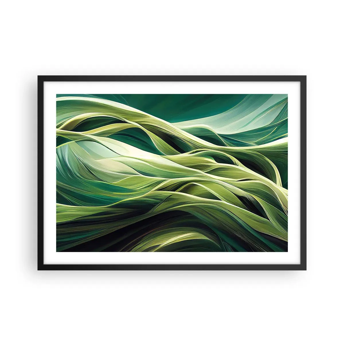 Poster in einem schwarzem Rahmen - Dynamische Linien in Grüntönen - 70x50cm - Abstraktes grünes Spiel - Moderne Wanddekoration für Wohnzimmer und Schlafzimmer ARTTOR