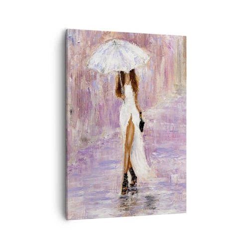 Bild auf Leinwand - Leinwandbild - Eine Frau mit einem Regenschirm, die im Regen in Fliedertönen läuft - 50x70cm - Im lila Regen - Moderne Wanddekoration für Wohnzimmer und Schlafzimmer ARTTOR