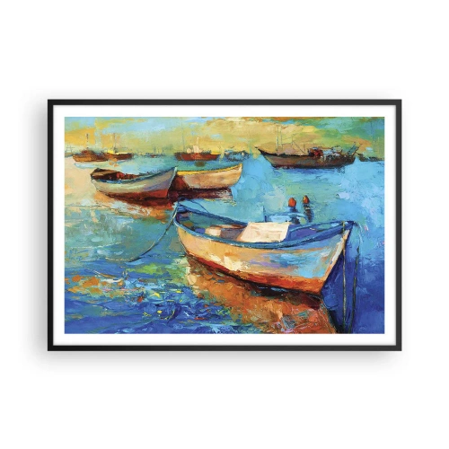 Poster in einem schwarzem Rahmen - Bunte Boote vertäut auf ruhigem Wasser - 100x70cm - In der südlichen Bucht - Moderne Wanddekoration für Wohnzimmer und Schlafzimmer ARTTOR