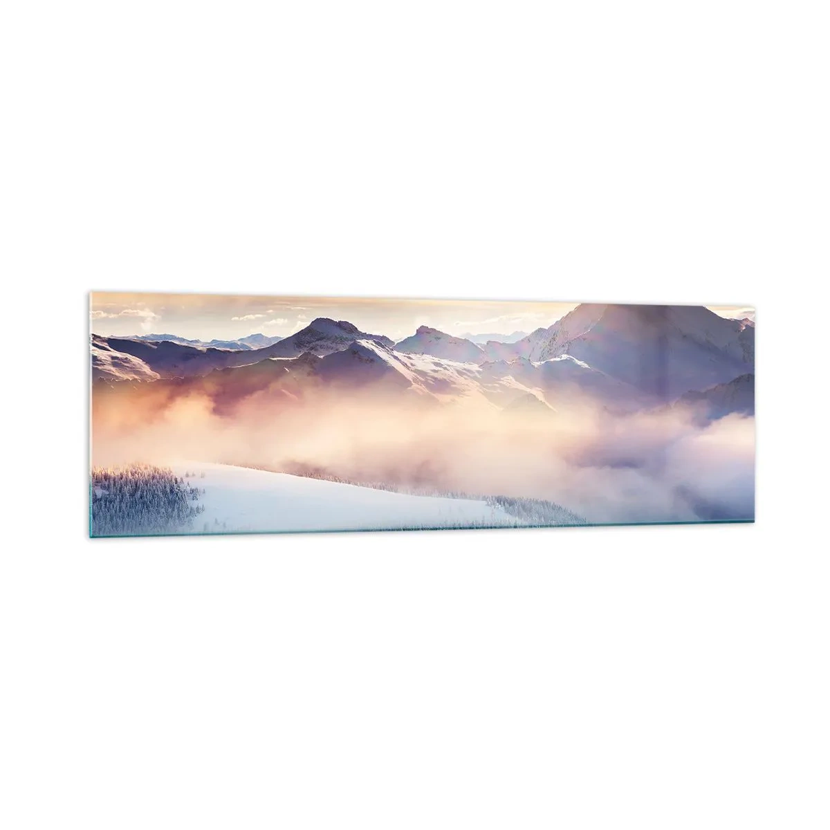 Glasbild - Bild auf glas - Schneebedeckte Berge im Morgengrauen mit einem farbenfrohen Himmel - 160x50cm - Die Kraft und Reinheit der Natur - Moderne Wanddekoration für Wohnzimmer und Schlafzimmer ARTTOR