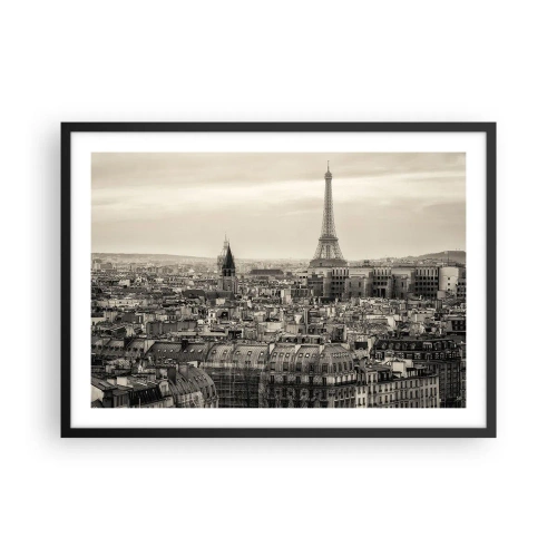Poster in einem schwarzem Rahmen - Panorama von Paris mit dem Eiffelturm in Sepiatönen - 70x50cm - Über den Dächern von Paris - Moderne Wanddekoration für Wohnzimmer und Schlafzimmer ARTTOR