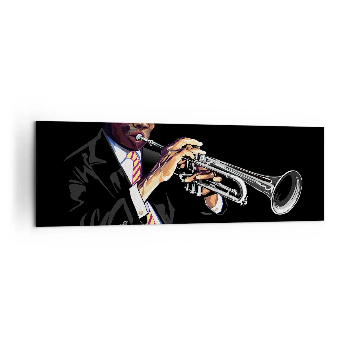 Bild auf Leinwand - Leinwandbild - Ein Musiker spielt Trompete vor schwarzem Hintergrund - 160x50cm - Charme der alten Schule - Moderne Wanddekoration für Wohnzimmer und Schlafzimmer ARTTOR
