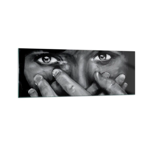 Glasbild - Bild auf glas - Schwarz-Weiß-Porträt einer Frau, die ihr Gesicht mit den Händen bedeckt. - 140x50cm - Ich werde nicht sagen, wer es gemalt hat - Moderne Wanddekoration für Wohnzimmer und Schlafzimmer ARTTOR