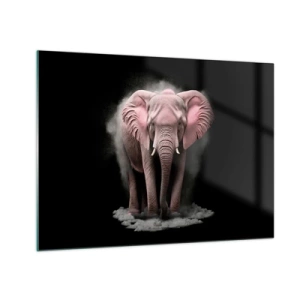 Glasbild - Bild auf glas - Ein rosa Elefant auf schwarzem Hintergrund, umgeben von einer Staubwolke. - 70x50cm - Denke nicht an einen rosa Elefanten! - Moderne Wanddekoration für Wohnzimmer und Schlafzimmer ARTTOR