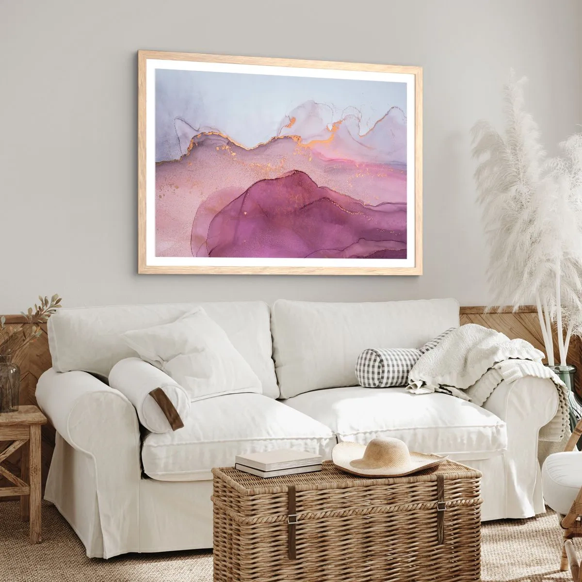 Poster in einem Rahmen aus heller Eiche - Violett und lila Wellen - 100x70 cm