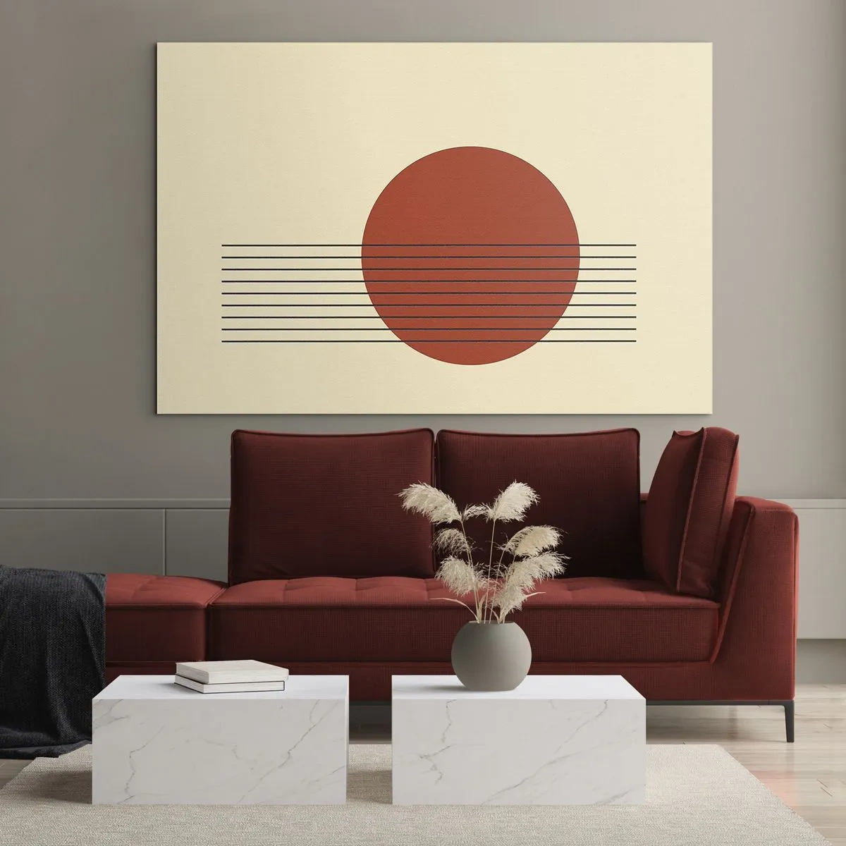 Glasbild - Bild auf glas - Minimalistische Grafik mit rotem Kreis und Linien - 120x80cm - Immer wieder und weiter - Moderne Wanddekoration für Wohnzimmer und Schlafzimmer ARTTOR
