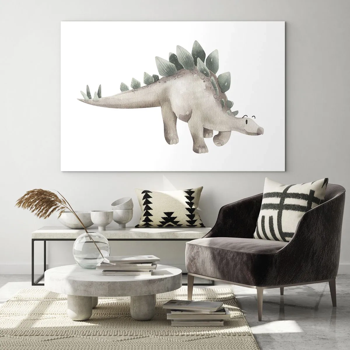 Glasbild - Bild auf glas - Ein süßer Dinosaurier in Pastellfarben auf weißem Hintergrund - 100x70cm - Euer Freund - Moderne Wanddekoration für Wohnzimmer und Schlafzimmer ARTTOR