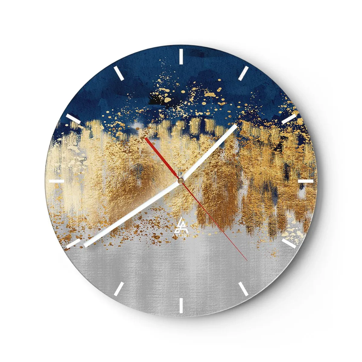 Wanduhr - Glasuhr - Goldene Reflexe und ein blau-silberner Hintergrund im abstrakten Stil - 30x30cm - Moderne Komposition mit Glanz - Moderne Wanddekoration für Wohnzimmer, Küche und Schlafzimmer ARTTOR