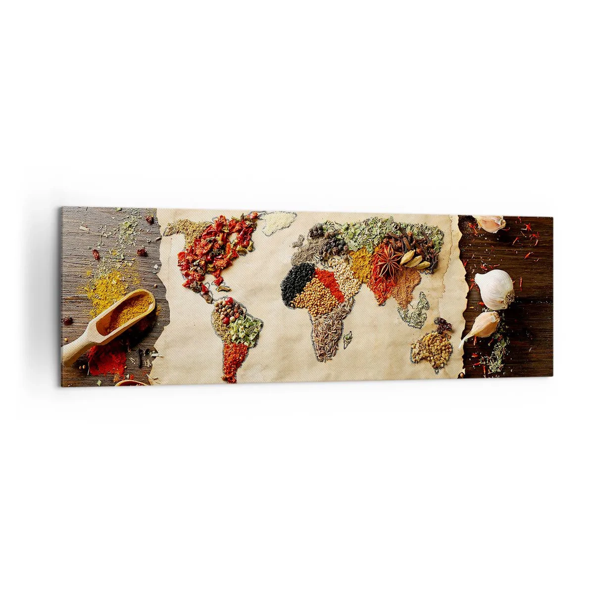 Bild auf Leinwand - Leinwandbild - Eine Weltkarte aus Gewürzen auf einem hölzernen Hintergrund. - 160x50cm - Alle Aromen der Welt - Moderne Wanddekoration für Wohnzimmer und Schlafzimmer ARTTOR