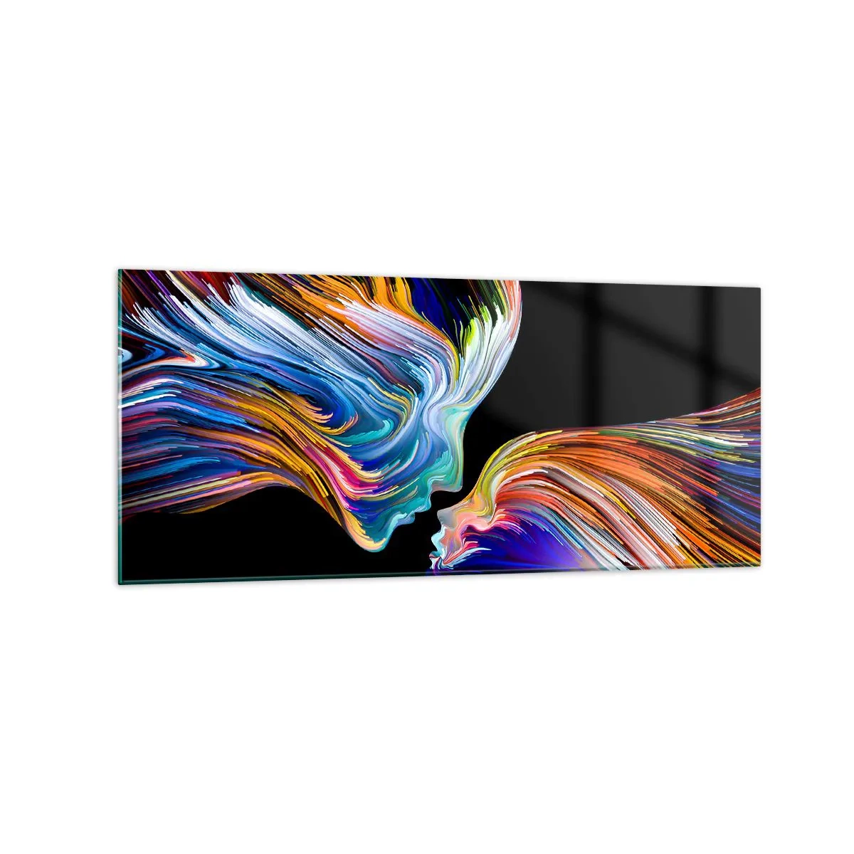 Glasbild - Bild auf glas - Bunte Silhouetten von Gesichtern in dynamischen Strömen auf schwarzem Hintergrund - 120x50cm - Eine Verschmelzung von Energie und Licht - Moderne Wanddekoration für Wohnzimmer und Schlafzimmer ARTTOR