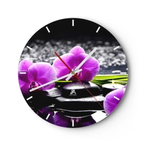 Wanduhr - Glasuhr - Lila Orchideen mit Steinen und einer Kerze auf dem Wasser - 30x30cm - In Ruhe ertrinken - Moderne Wanddekoration für Wohnzimmer, Küche und Schlafzimmer ARTTOR