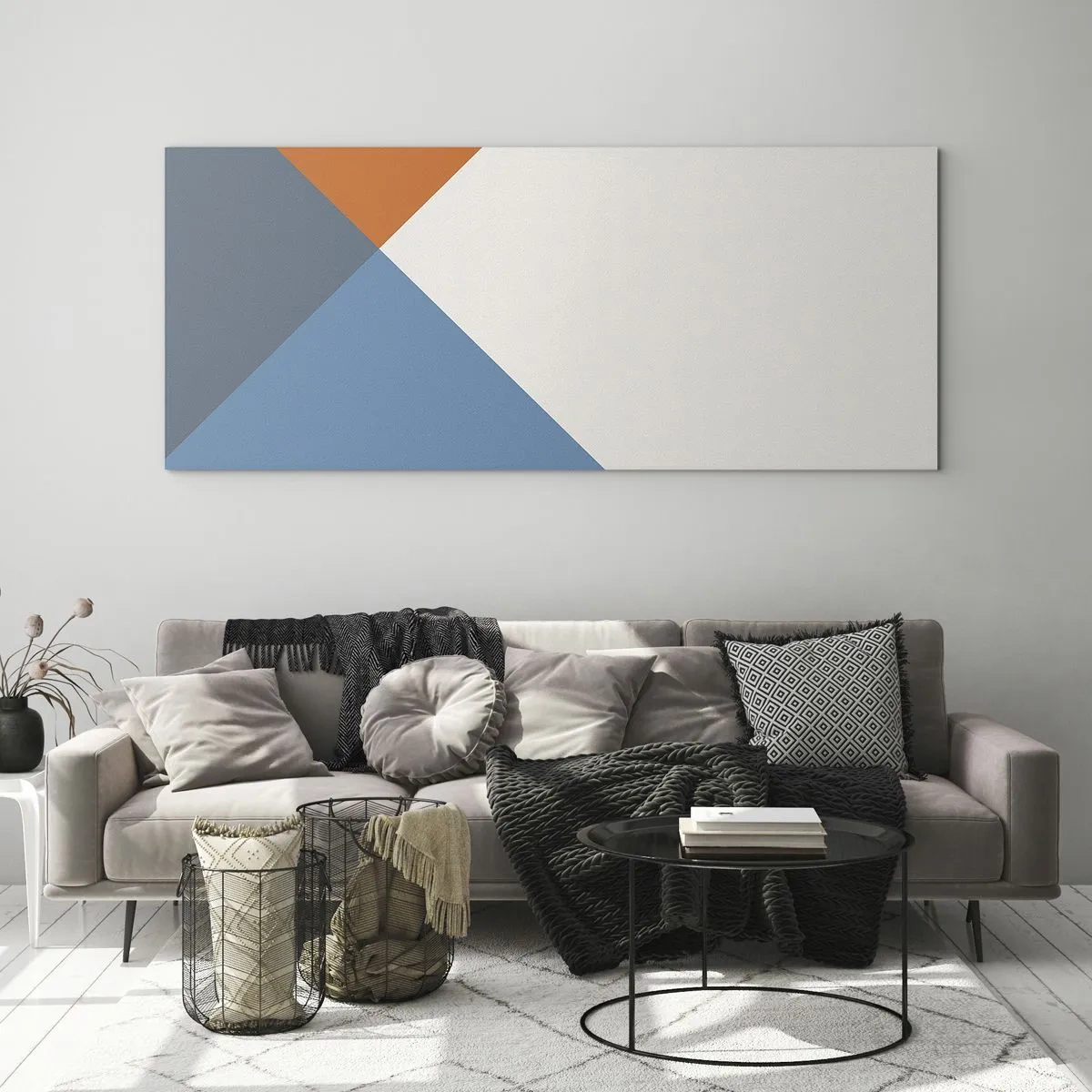 Glasbild - Bild auf glas - Geometrische Dreiecke in Blau- und Orangetönen - 120x50cm - In einem Winkel… - Moderne Wanddekoration für Wohnzimmer und Schlafzimmer ARTTOR
