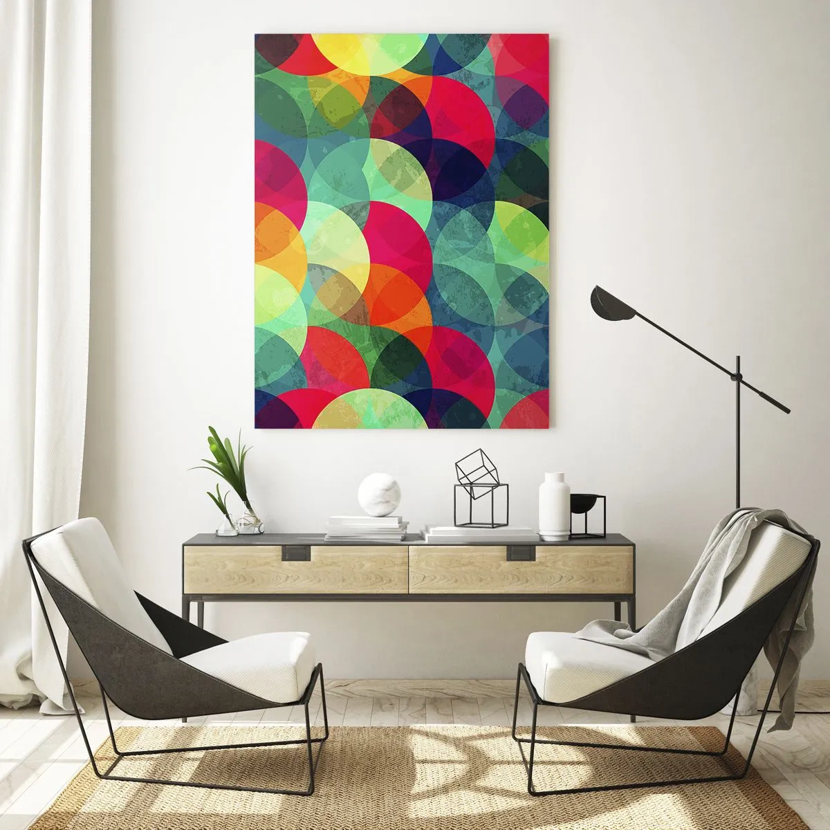 Glasbild - Bild auf glas - Bunte geometrische Muster aus Kreisen und Halbkreisen - 80x120cm - Aufstieg zum Regenbogen - Moderne Wanddekoration für Wohnzimmer und Schlafzimmer ARTTOR