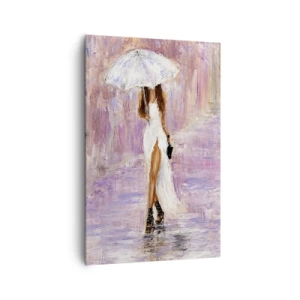 Bild auf Leinwand - Leinwandbild - Eine Frau mit einem Regenschirm, die im Regen in Fliedertönen läuft - 80x120cm - Im lila Regen - Moderne Wanddekoration für Wohnzimmer und Schlafzimmer ARTTOR