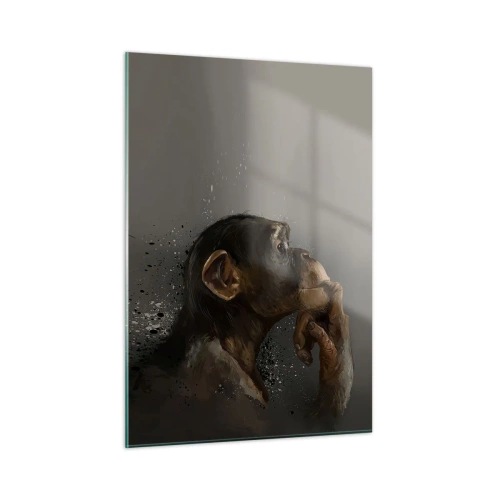 Glasbild - Bild auf glas - Ein nachdenklich dreinblickender Affe vor dunklem Hintergrund mit Splatter-Effekt - 50x70cm - Sicherlich ein Denker - Moderne Wanddekoration für Wohnzimmer und Schlafzimmer ARTTOR