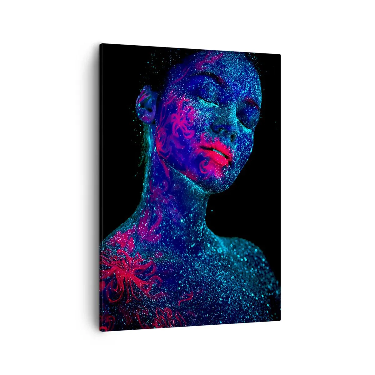 Bild auf Leinwand - Leinwandbild - Porträt einer Frau in Neonfarben auf schwarzem Hintergrund - 50x70cm - Im Sternenstaub - Moderne Wanddekoration für Wohnzimmer und Schlafzimmer ARTTOR