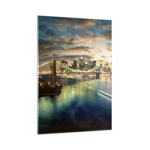Glasbild - Bild auf glas - Blick auf die Brücke und die Stadt bei Sonnenuntergang - 50x70cm - Ein heller Abend über Manhattan - Moderne Wanddekoration für Wohnzimmer und Schlafzimmer ARTTOR