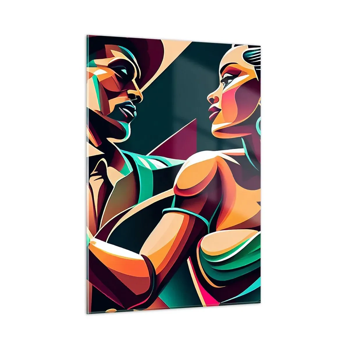 Glasbild - Bild auf glas - Ein farbenfrohes Paar tanzt im Art-Deco-Stil mit dynamischem Ausdruck. - 50x70cm - Im Rhythmus des Herzens - Moderne Wanddekoration für Wohnzimmer und Schlafzimmer ARTTOR