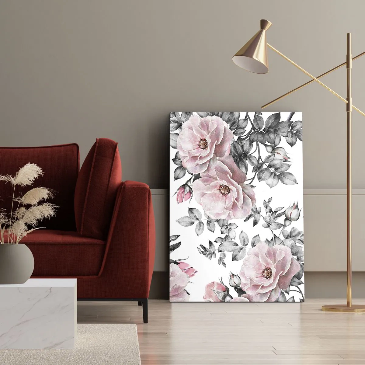 Bild auf Leinwand - Leinwandbild - Rosa Rosen und Blätter auf einem zarten schwarz-weißen Hintergrund - 50x70cm - Verliere dich in den Blüten der Rosen - Moderne Wanddekoration für Wohnzimmer und Schlafzimmer ARTTOR