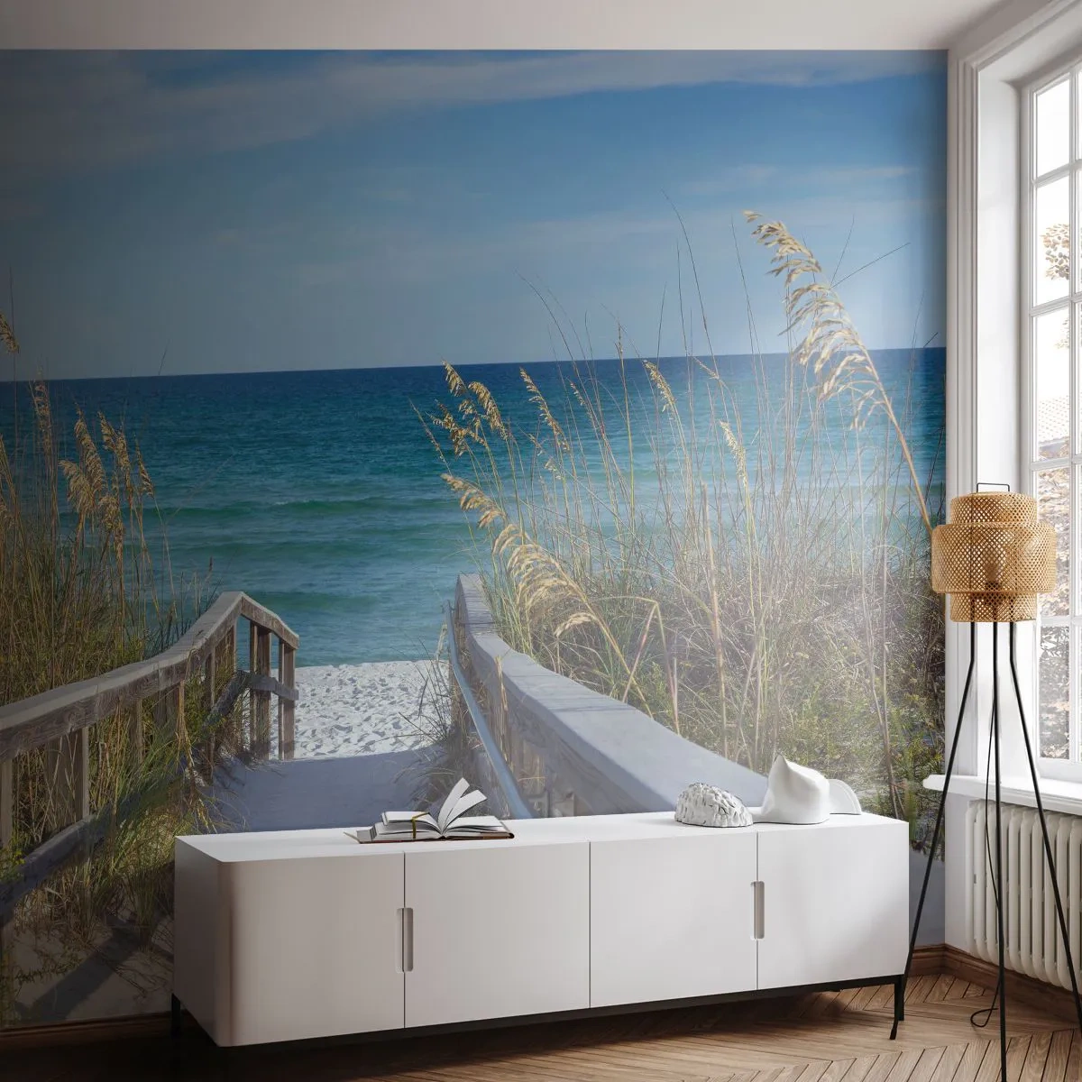 Fototapete Premium Canvas - Weg zum Strand mit Meerblick - 100x70cm - In der Sonne, im Wind - Moderne Wanddekoration für Wohnzimmer und Schlafzimmer ARTTOR