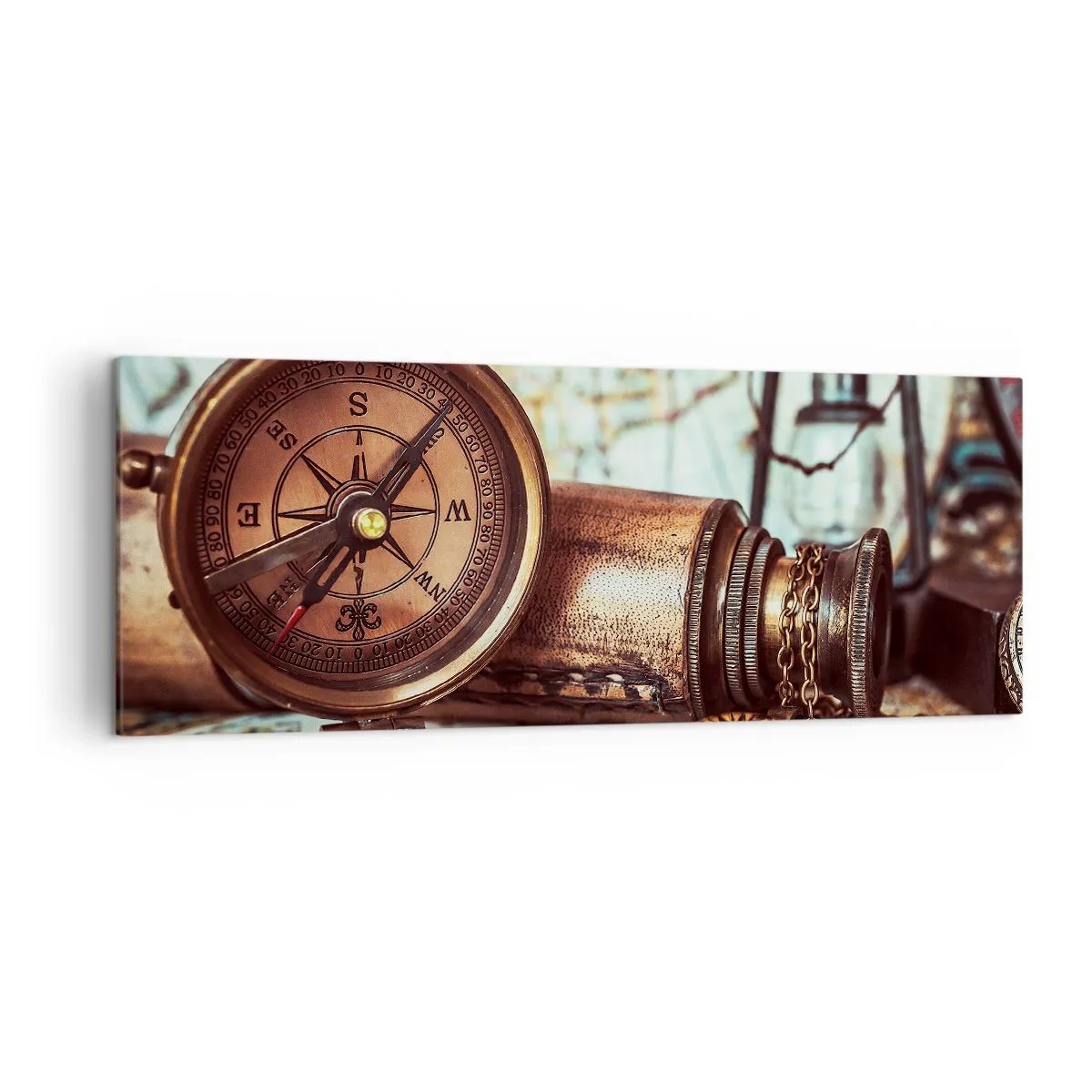 Bild auf Leinwand - Leinwandbild - Ein Retro-Set mit Kompass, Teleskop und Karte im Reisethema - 140x50cm - Ein Piratenabenteuer in der Karibik wartet - Moderne Wanddekoration für Wohnzimmer und Schlafzimmer ARTTOR