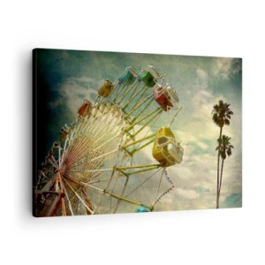 Bild auf Leinwand - Leinwandbild - Retro-Foto von einem Riesenrad mit Palmen gegen den Himmel - 70x50cm - Es wird Spaß geben ... - Moderne Wanddekoration für Wohnzimmer und Schlafzimmer ARTTOR